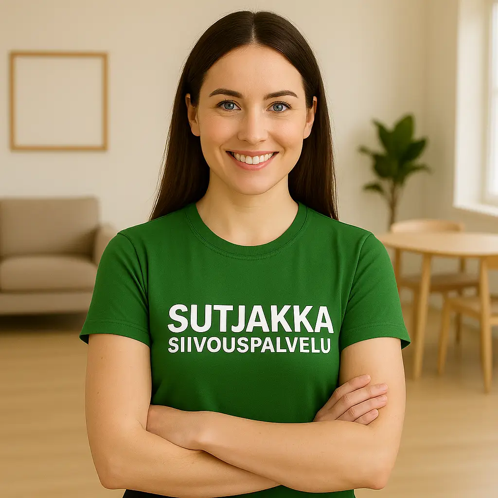 Ammattimainen ikkunanpesijä helsinkiläisessä olohuoneessa päällään sutjakkasiivouksen vihreä t-paita.